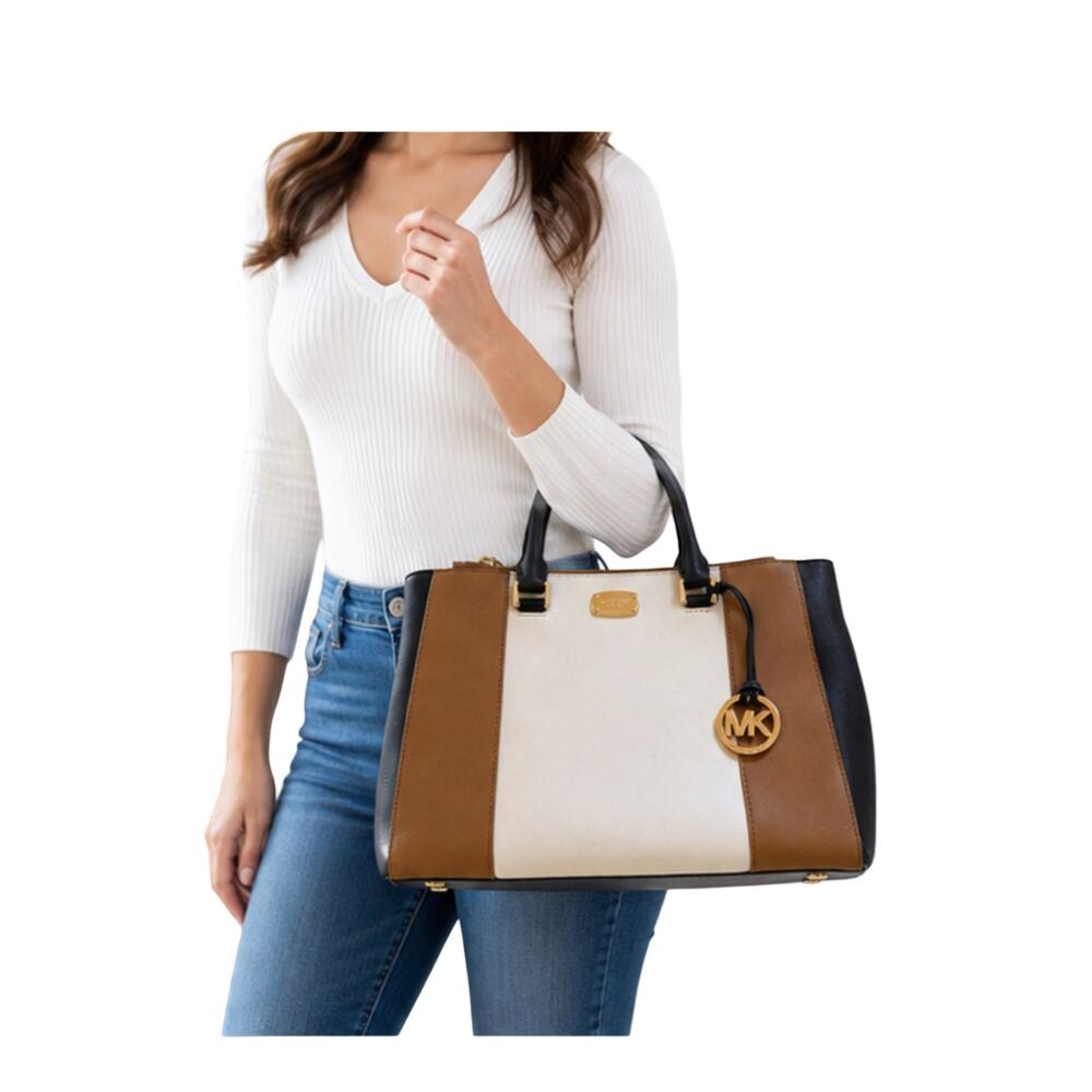 Michael Kors Purse Colorblock Satchel Tote Bag Faux Saffiano Leather MK Charm